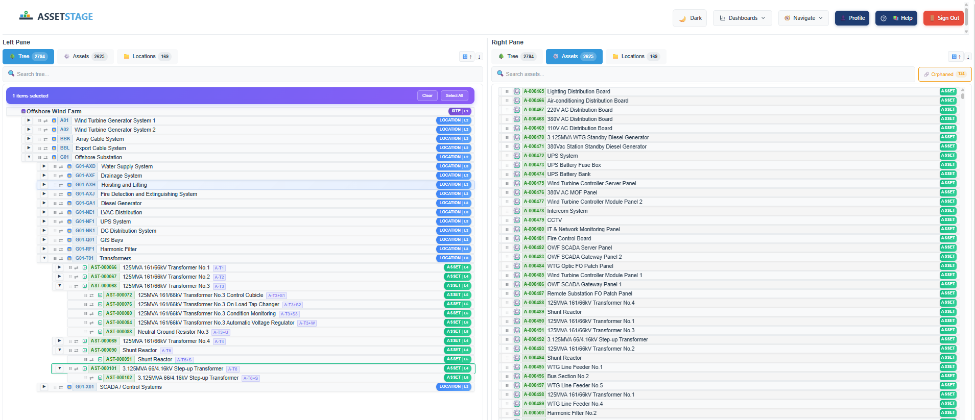 AssetStage visual interface showing hierarchical asset management with dual-pane navigation